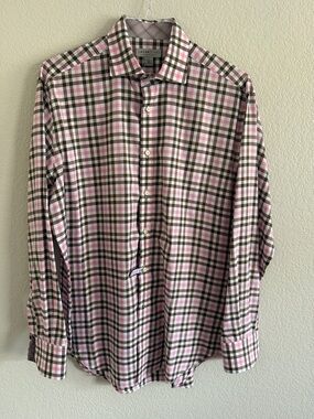 Men's Jack Stone Pink and Brown Plaid Button-Up Shirt Large